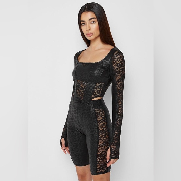 BLACK VEGAN LEATHER & LACE BUSTIER TOP - MANIERE DE VOIR US0 - New - Picture 5 of 6